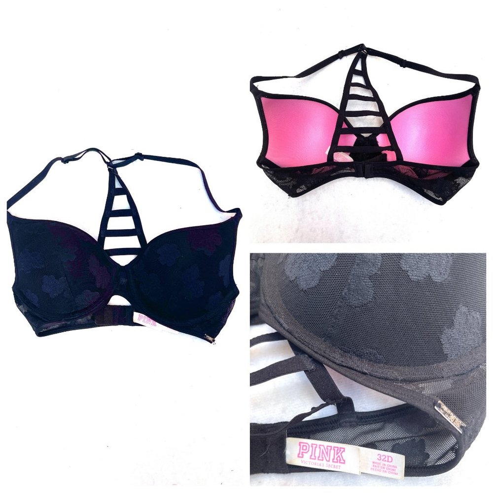 Pink Victoria's Secret Lace Racerback Black Push-Up Bra